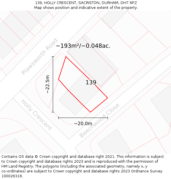 139, HOLLY CRESCENT, SACRISTON, DURHAM, DH7 6PZ: Plot and title map