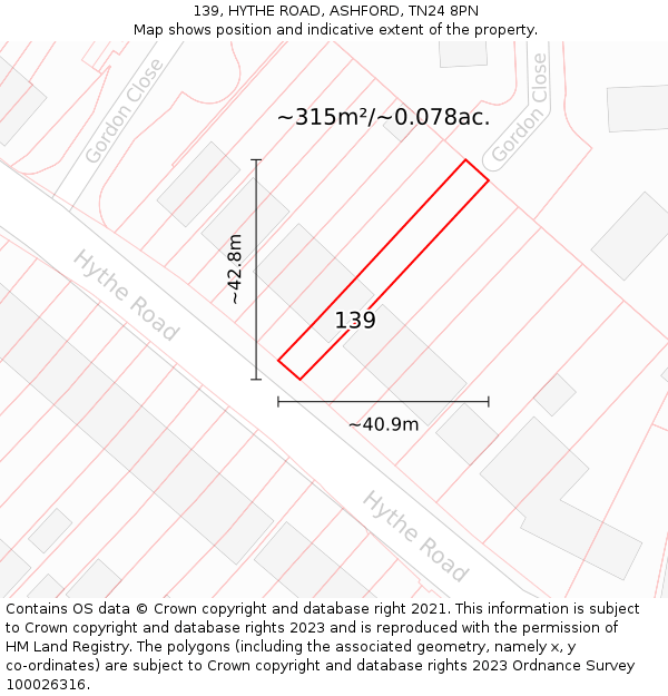 139, HYTHE ROAD, ASHFORD, TN24 8PN: Plot and title map