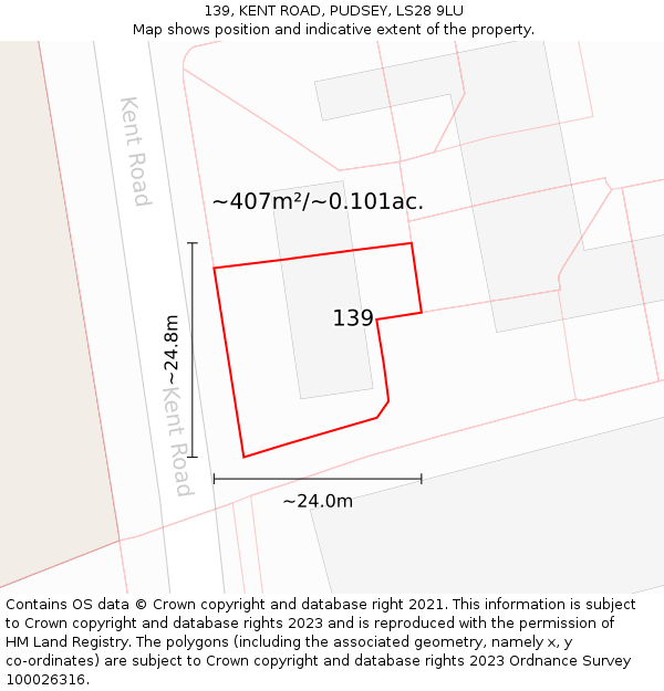 139, KENT ROAD, PUDSEY, LS28 9LU: Plot and title map