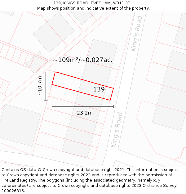 139, KINGS ROAD, EVESHAM, WR11 3BU: Plot and title map