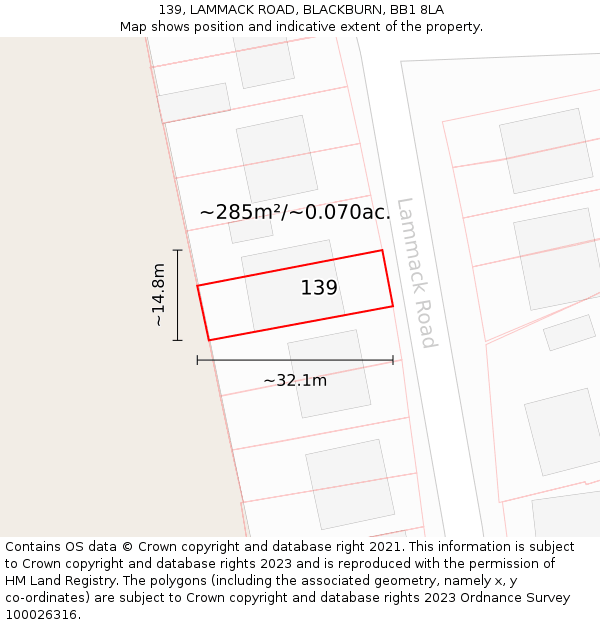 139, LAMMACK ROAD, BLACKBURN, BB1 8LA: Plot and title map