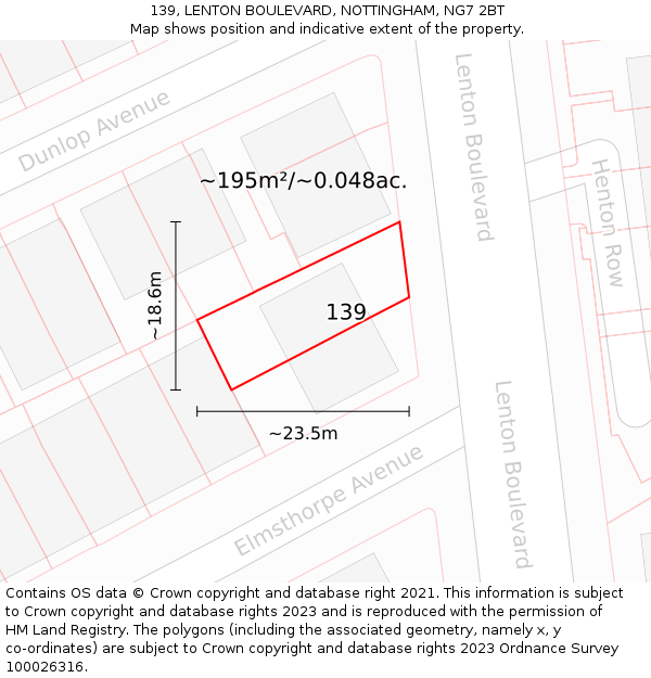 139, LENTON BOULEVARD, NOTTINGHAM, NG7 2BT: Plot and title map