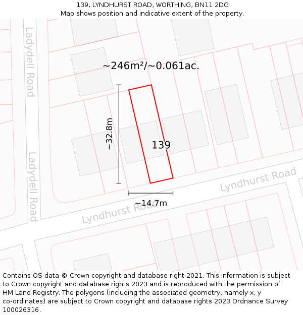 139, LYNDHURST ROAD, WORTHING, BN11 2DG: Plot and title map