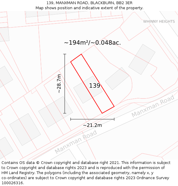 139, MANXMAN ROAD, BLACKBURN, BB2 3ER: Plot and title map
