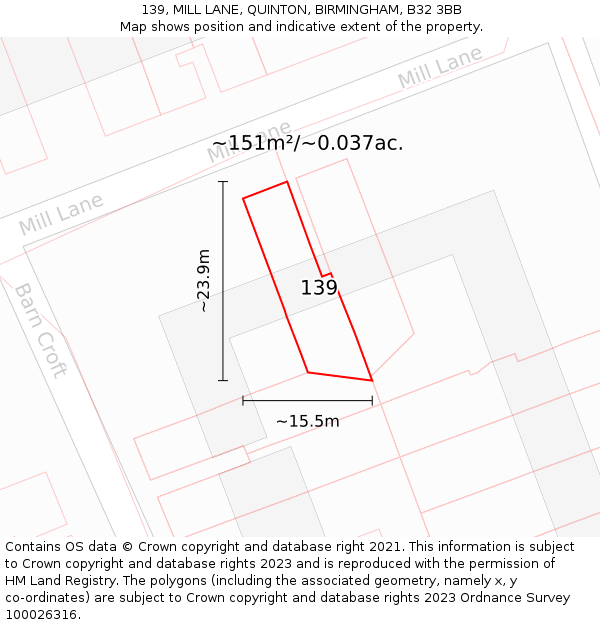 139, MILL LANE, QUINTON, BIRMINGHAM, B32 3BB: Plot and title map