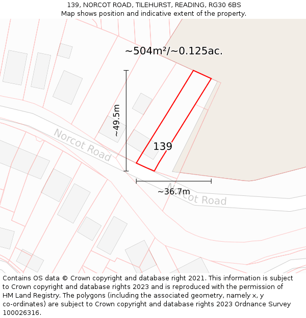 139, NORCOT ROAD, TILEHURST, READING, RG30 6BS: Plot and title map