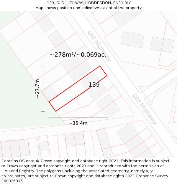 139, OLD HIGHWAY, HODDESDON, EN11 0LY: Plot and title map