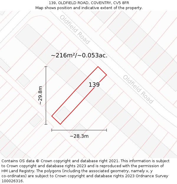 139, OLDFIELD ROAD, COVENTRY, CV5 8FR: Plot and title map