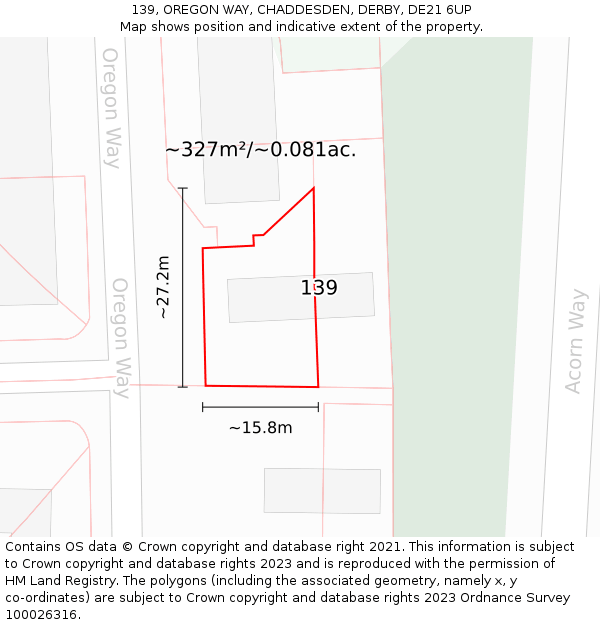 139, OREGON WAY, CHADDESDEN, DERBY, DE21 6UP: Plot and title map