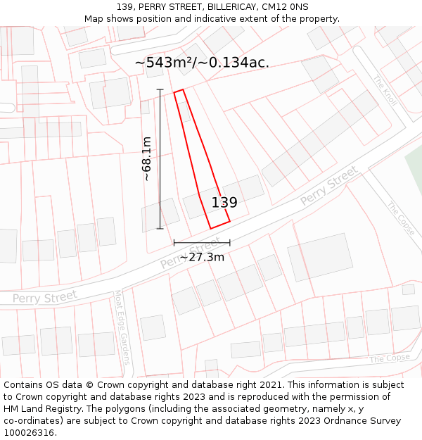 139, PERRY STREET, BILLERICAY, CM12 0NS: Plot and title map
