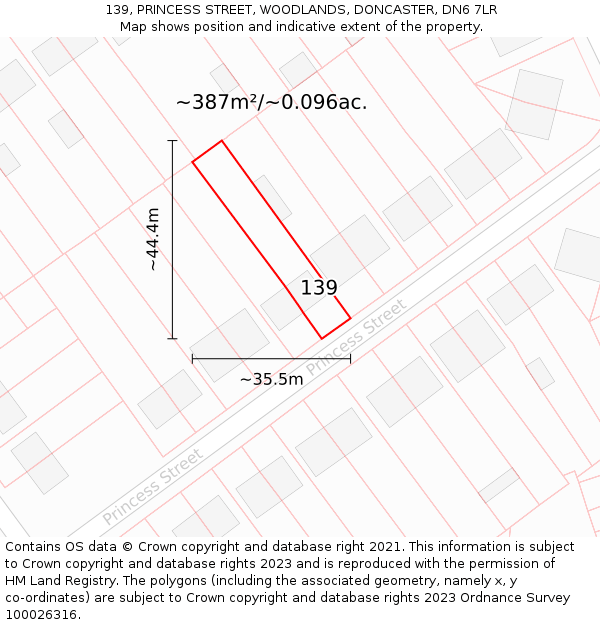 139, PRINCESS STREET, WOODLANDS, DONCASTER, DN6 7LR: Plot and title map