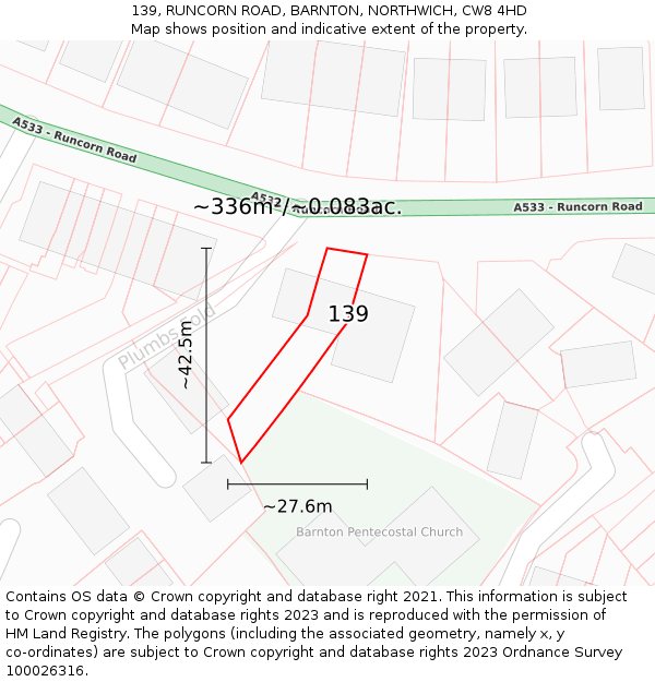 139, RUNCORN ROAD, BARNTON, NORTHWICH, CW8 4HD: Plot and title map