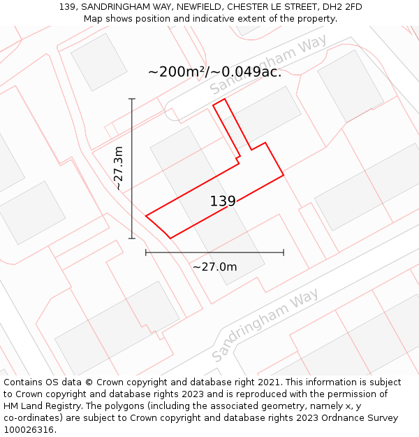 139, SANDRINGHAM WAY, NEWFIELD, CHESTER LE STREET, DH2 2FD: Plot and title map