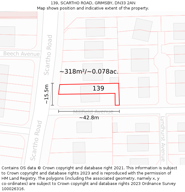 139, SCARTHO ROAD, GRIMSBY, DN33 2AN: Plot and title map