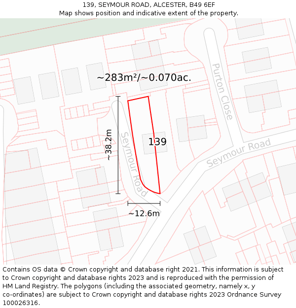 139, SEYMOUR ROAD, ALCESTER, B49 6EF: Plot and title map