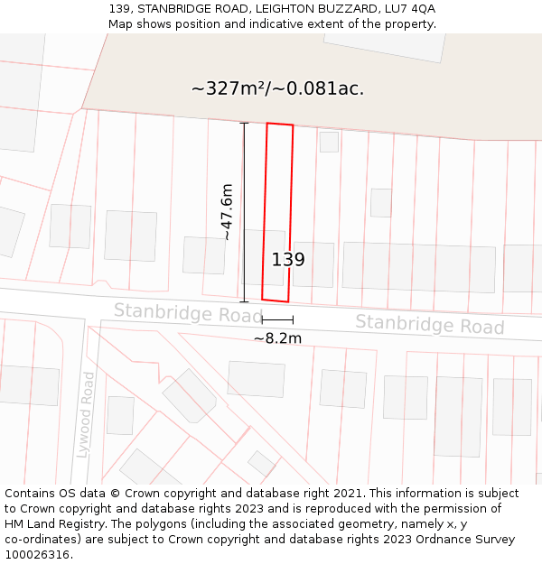 139, STANBRIDGE ROAD, LEIGHTON BUZZARD, LU7 4QA: Plot and title map