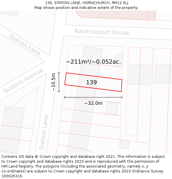 139, STATION LANE, HORNCHURCH, RM12 6LJ: Plot and title map