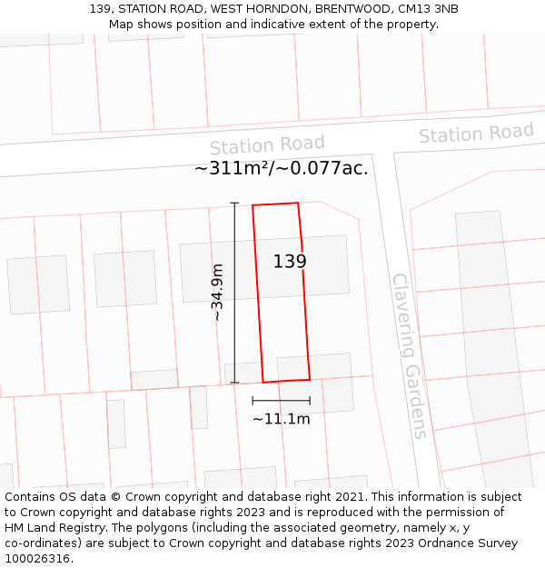 139, STATION ROAD, WEST HORNDON, BRENTWOOD, CM13 3NB: Plot and title map