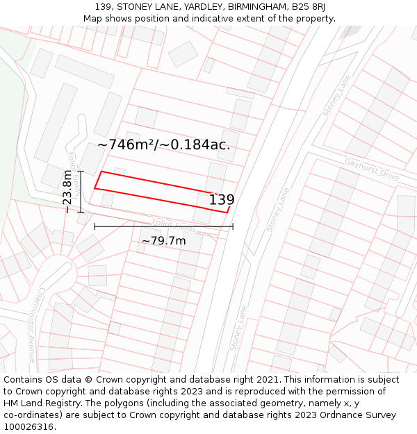 139, STONEY LANE, YARDLEY, BIRMINGHAM, B25 8RJ: Plot and title map