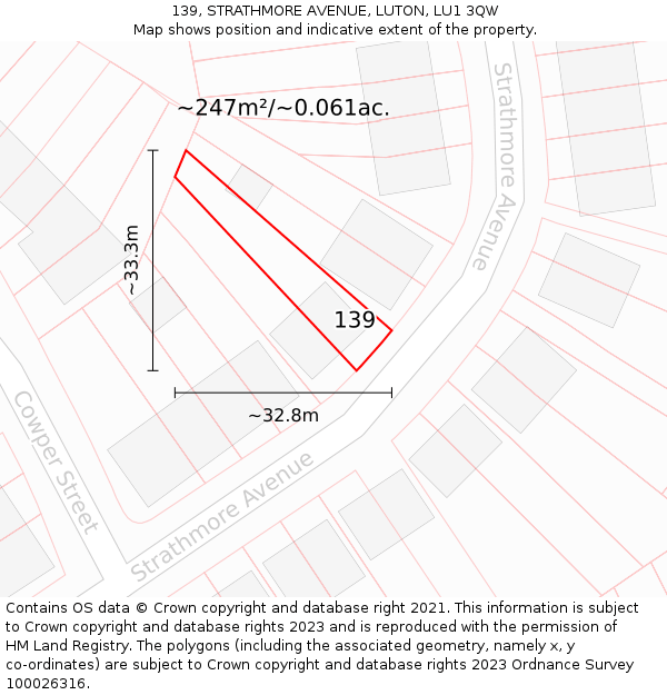 139, STRATHMORE AVENUE, LUTON, LU1 3QW: Plot and title map