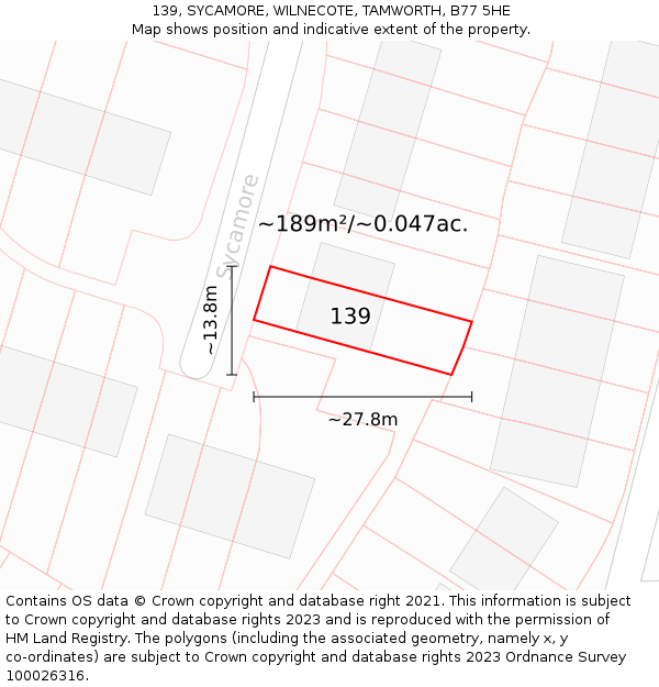 139, SYCAMORE, WILNECOTE, TAMWORTH, B77 5HE: Plot and title map