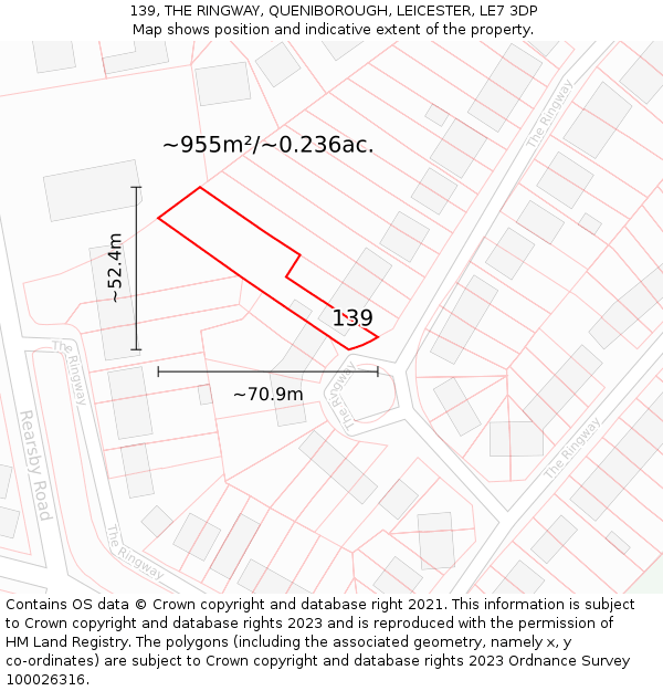 139, THE RINGWAY, QUENIBOROUGH, LEICESTER, LE7 3DP: Plot and title map