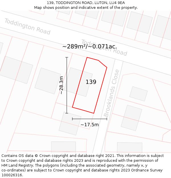 139, TODDINGTON ROAD, LUTON, LU4 9EA: Plot and title map