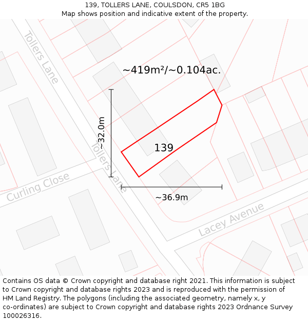 139, TOLLERS LANE, COULSDON, CR5 1BG: Plot and title map