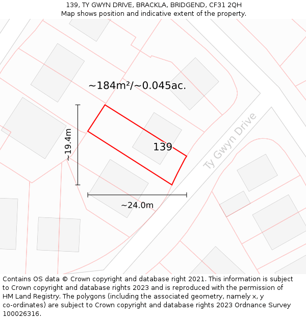 139, TY GWYN DRIVE, BRACKLA, BRIDGEND, CF31 2QH: Plot and title map