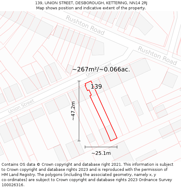 139, UNION STREET, DESBOROUGH, KETTERING, NN14 2RJ: Plot and title map