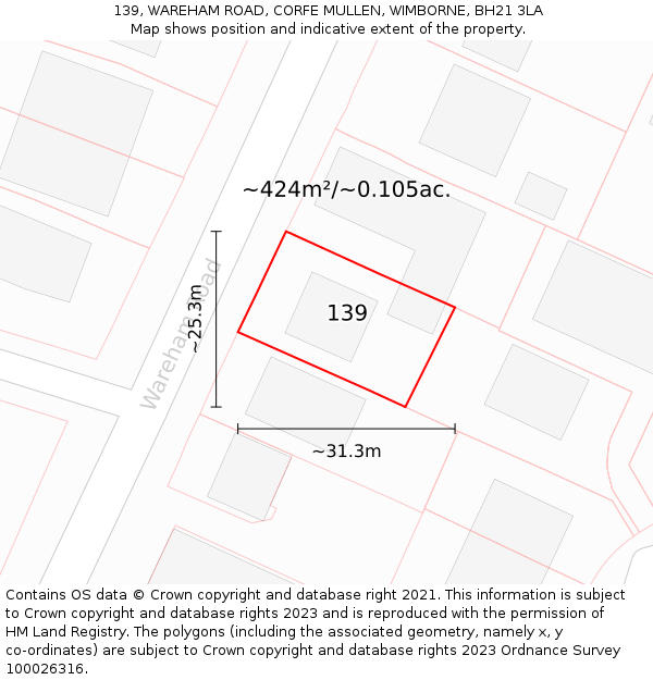 139, WAREHAM ROAD, CORFE MULLEN, WIMBORNE, BH21 3LA: Plot and title map