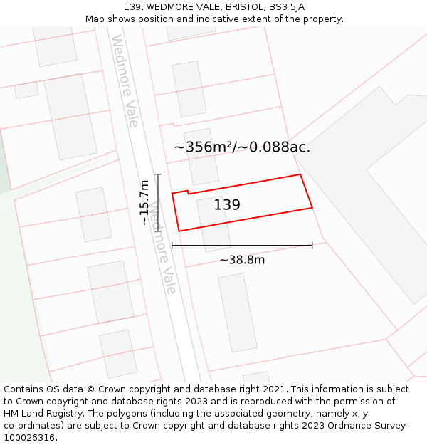 139, WEDMORE VALE, BRISTOL, BS3 5JA: Plot and title map