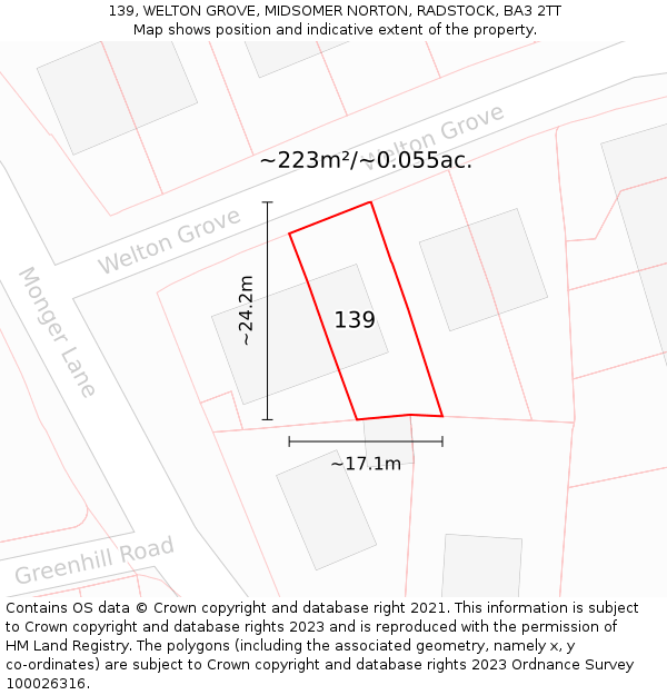 139, WELTON GROVE, MIDSOMER NORTON, RADSTOCK, BA3 2TT: Plot and title map