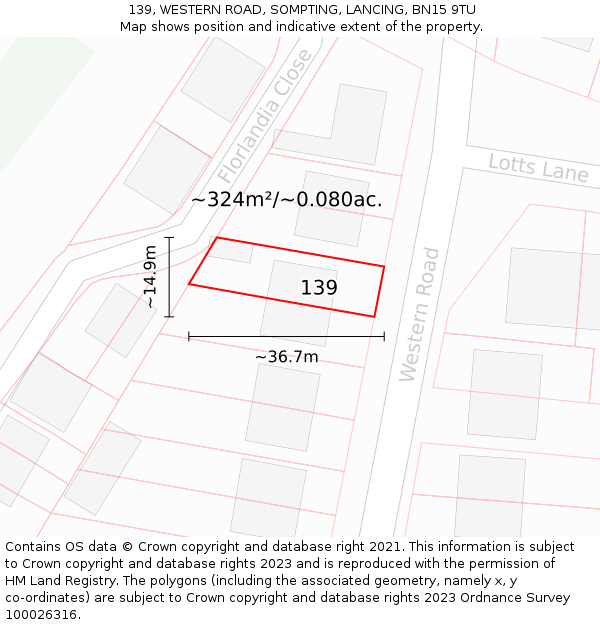 139, WESTERN ROAD, SOMPTING, LANCING, BN15 9TU: Plot and title map
