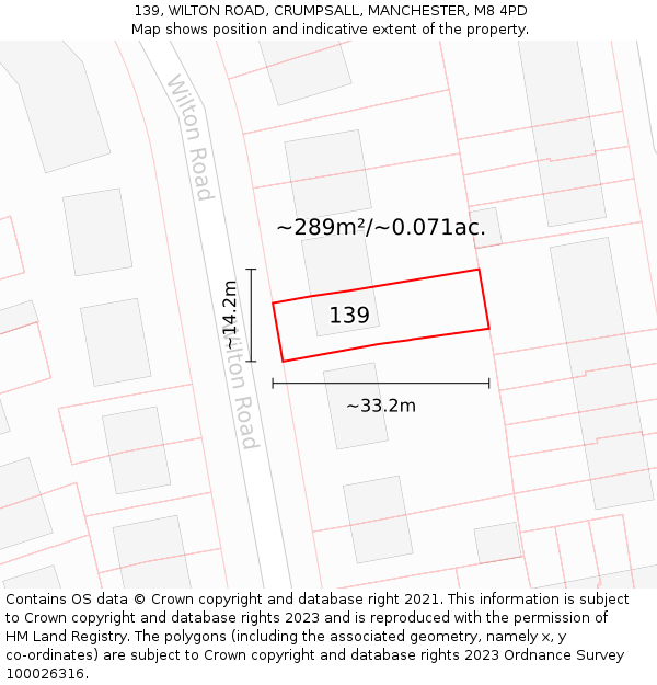 139, WILTON ROAD, CRUMPSALL, MANCHESTER, M8 4PD: Plot and title map