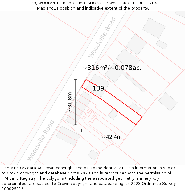 139, WOODVILLE ROAD, HARTSHORNE, SWADLINCOTE, DE11 7EX: Plot and title map