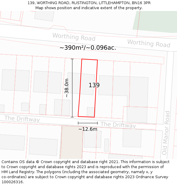 139, WORTHING ROAD, RUSTINGTON, LITTLEHAMPTON, BN16 3PR: Plot and title map