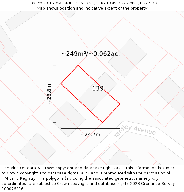 139, YARDLEY AVENUE, PITSTONE, LEIGHTON BUZZARD, LU7 9BD: Plot and title map