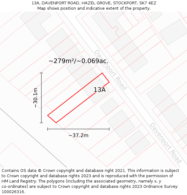 13A, DAVENPORT ROAD, HAZEL GROVE, STOCKPORT, SK7 4EZ: Plot and title map