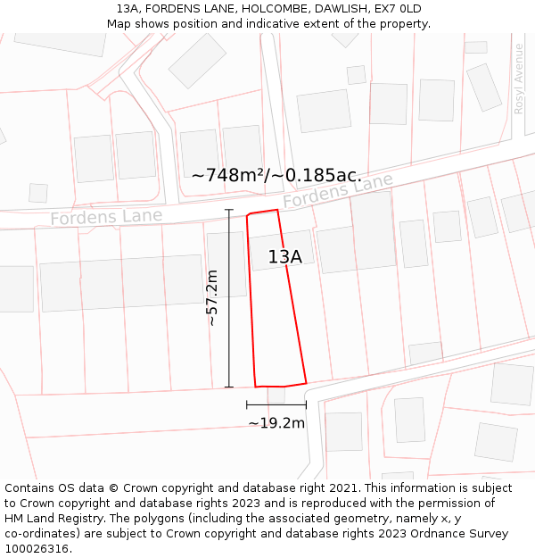 13A, FORDENS LANE, HOLCOMBE, DAWLISH, EX7 0LD: Plot and title map