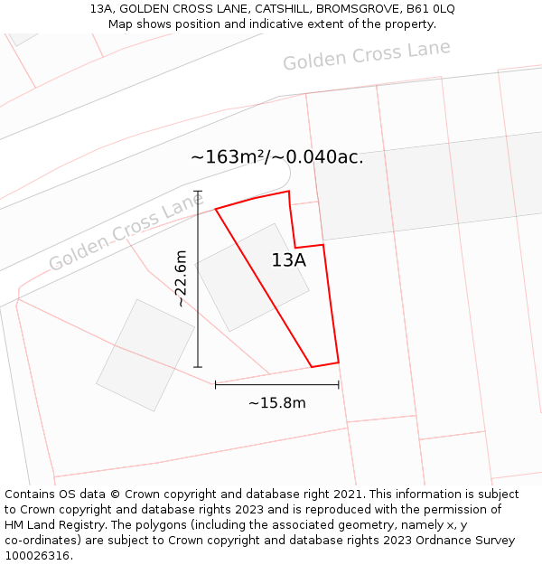 13A, GOLDEN CROSS LANE, CATSHILL, BROMSGROVE, B61 0LQ: Plot and title map