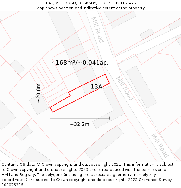 13A, MILL ROAD, REARSBY, LEICESTER, LE7 4YN: Plot and title map
