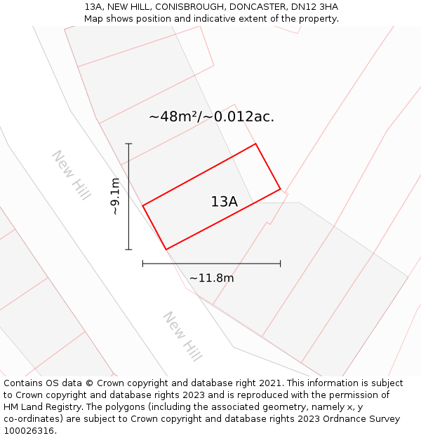 13A, NEW HILL, CONISBROUGH, DONCASTER, DN12 3HA: Plot and title map