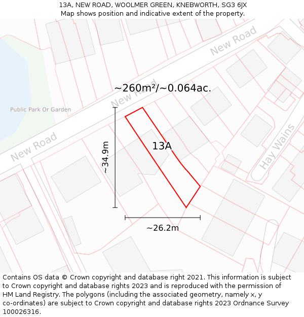 13A, NEW ROAD, WOOLMER GREEN, KNEBWORTH, SG3 6JX: Plot and title map