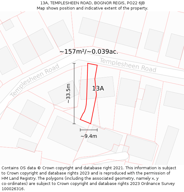 13A, TEMPLESHEEN ROAD, BOGNOR REGIS, PO22 6JB: Plot and title map