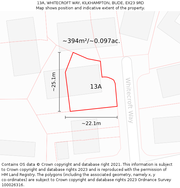 13A, WHITECROFT WAY, KILKHAMPTON, BUDE, EX23 9RD: Plot and title map