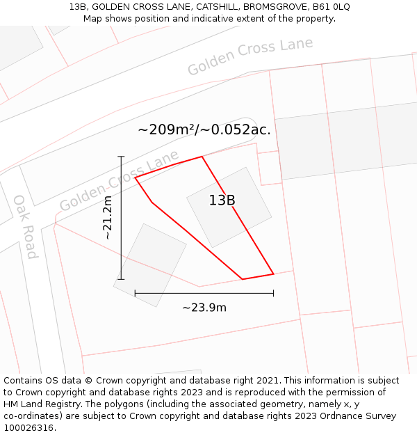 13B, GOLDEN CROSS LANE, CATSHILL, BROMSGROVE, B61 0LQ: Plot and title map