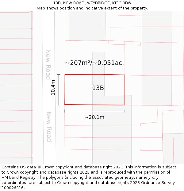 13B, NEW ROAD, WEYBRIDGE, KT13 9BW: Plot and title map