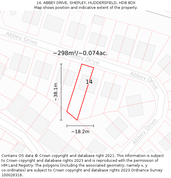 14, ABBEY DRIVE, SHEPLEY, HUDDERSFIELD, HD8 8DX: Plot and title map