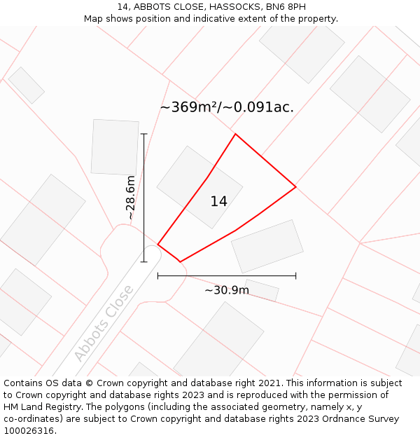 14, ABBOTS CLOSE, HASSOCKS, BN6 8PH: Plot and title map